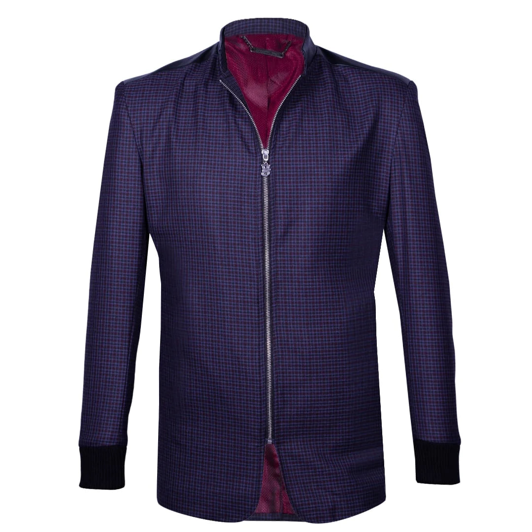 Blazer paño cuadros azul negro con cuero en solapas