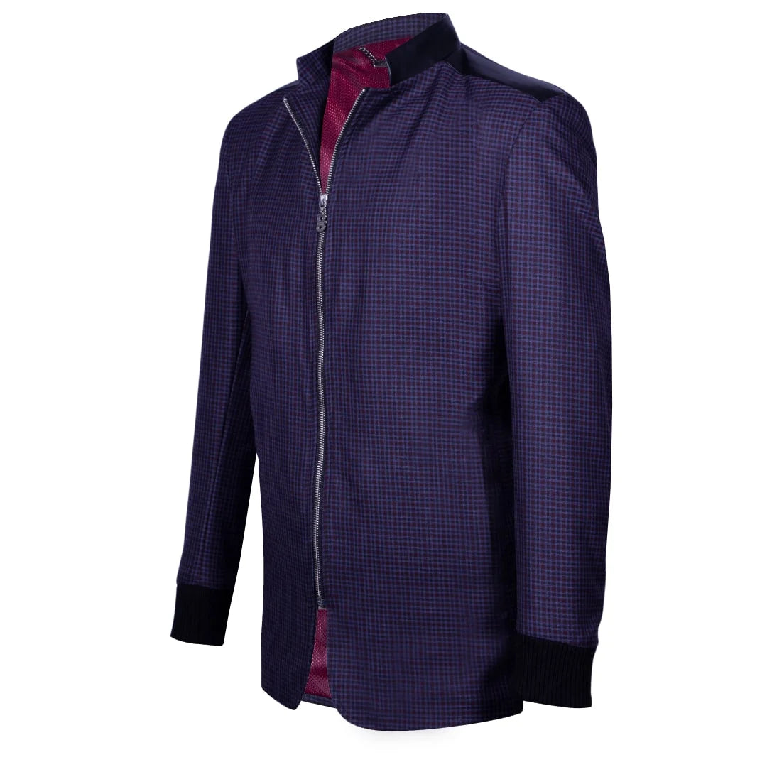 Blazer paño cuadros azul negro con cuero en solapas