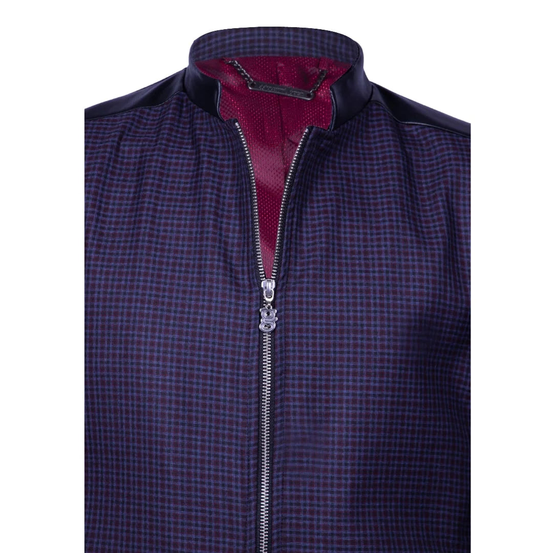 Blazer paño cuadros azul negro con cuero en solapas