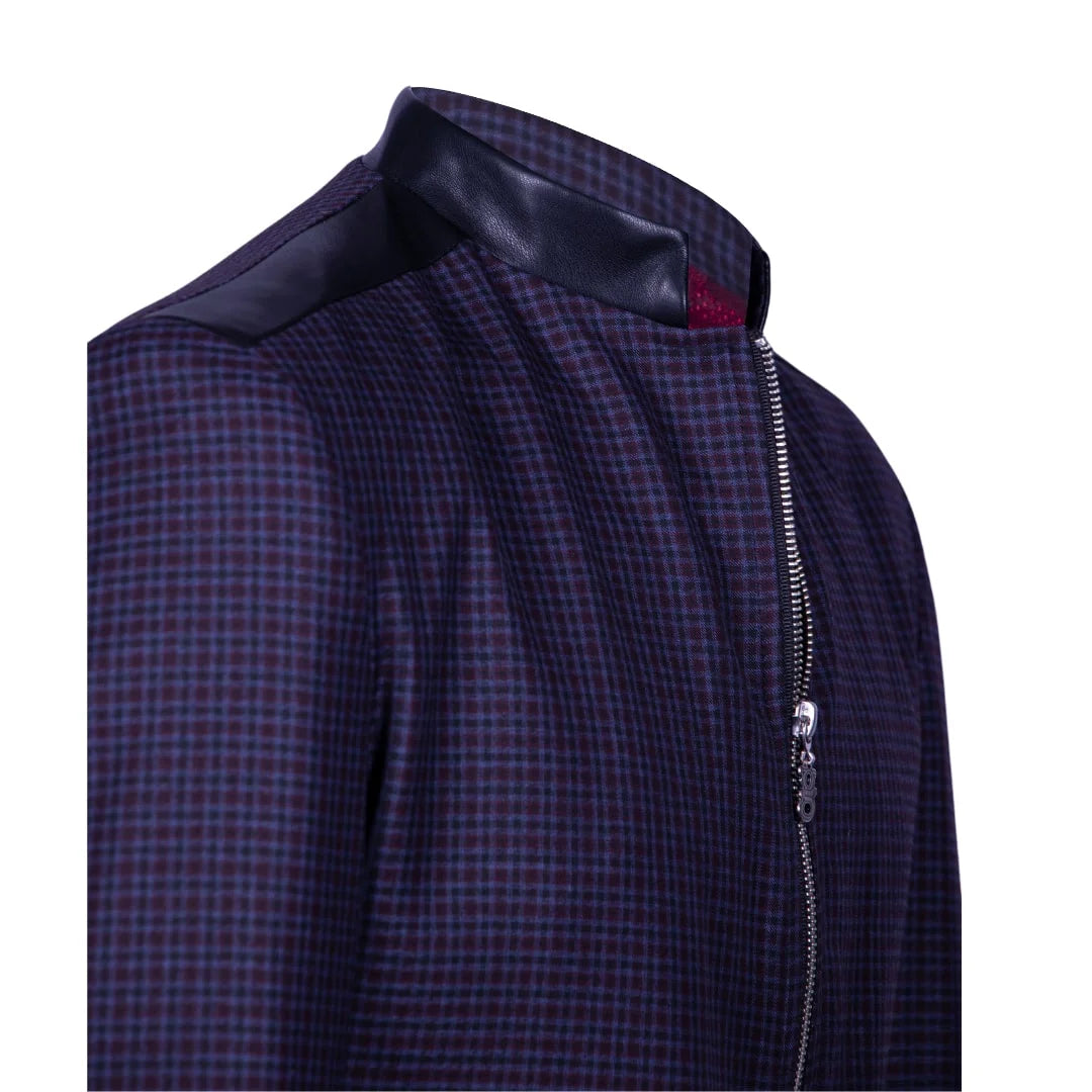 Blazer paño cuadros azul negro con cuero en solapas