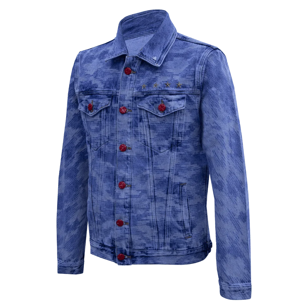 chaqueta jean azul boton rojo