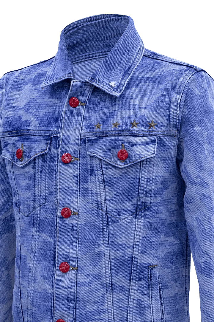 chaqueta jean azul boton rojo