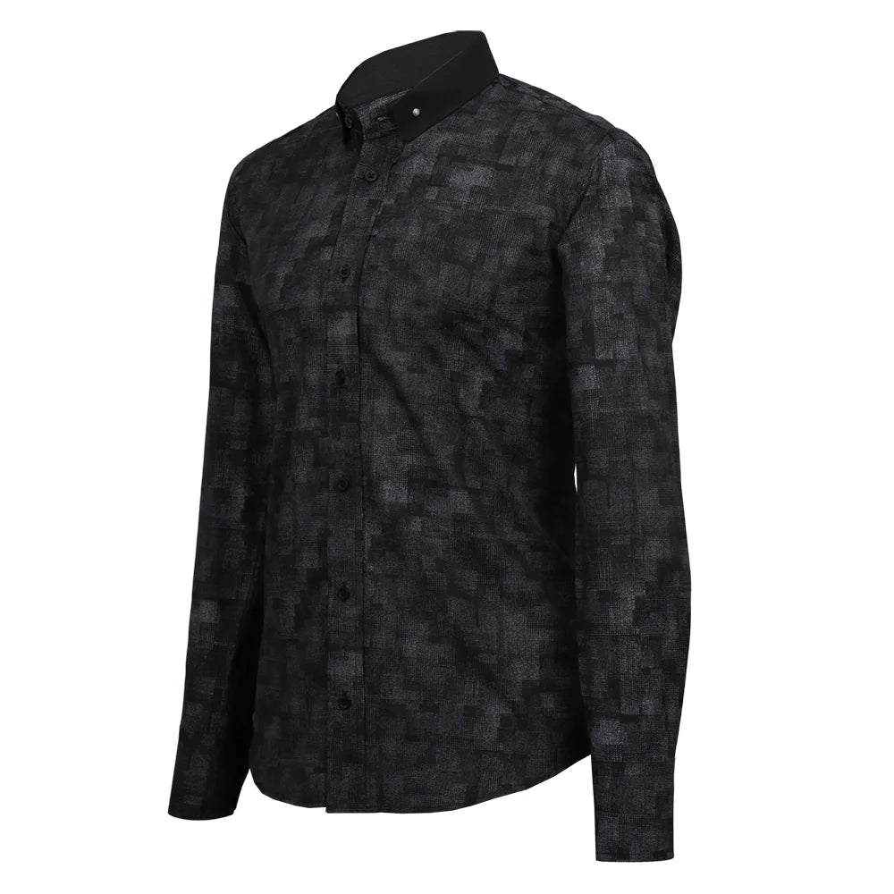 Camisa gris print cuello negro con botones plateados-1