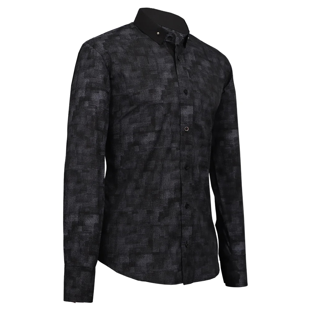 Camisa gris print cuello negro con botones plateados-2