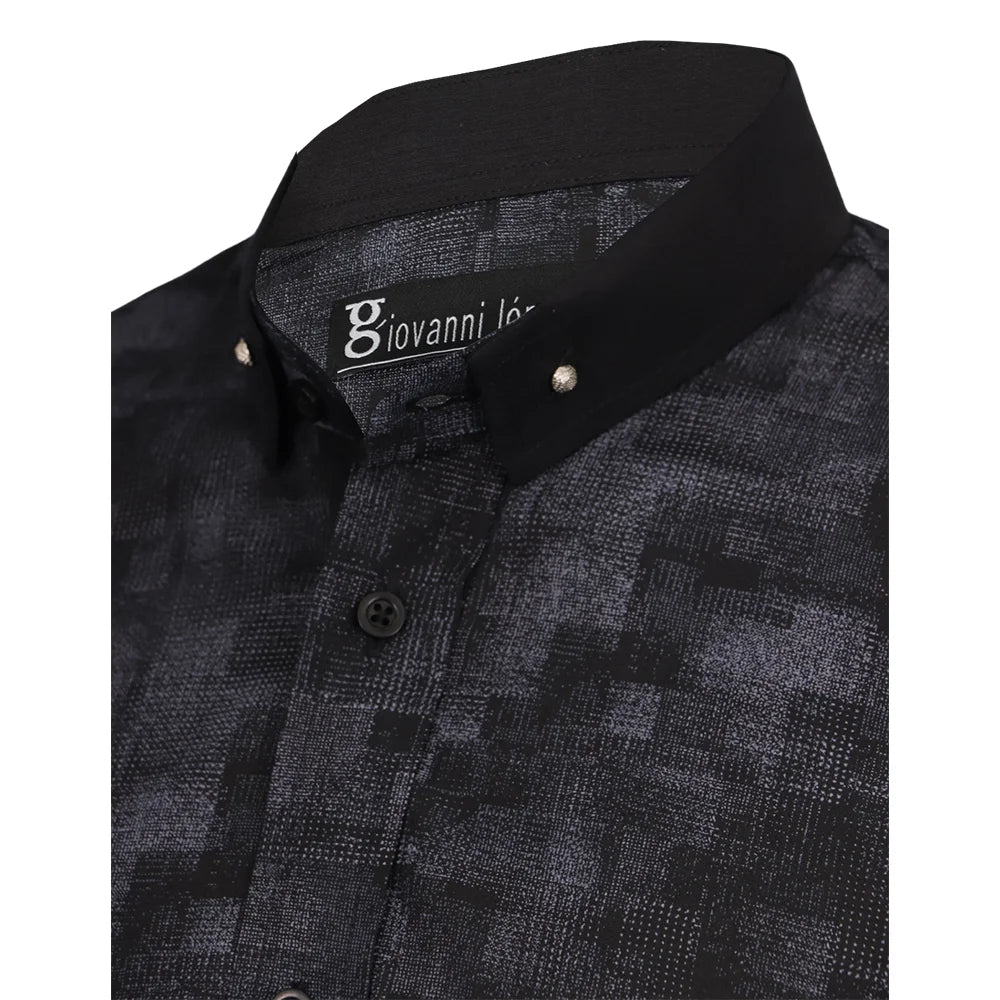 Camisa gris print cuello negro con botones plateados-3