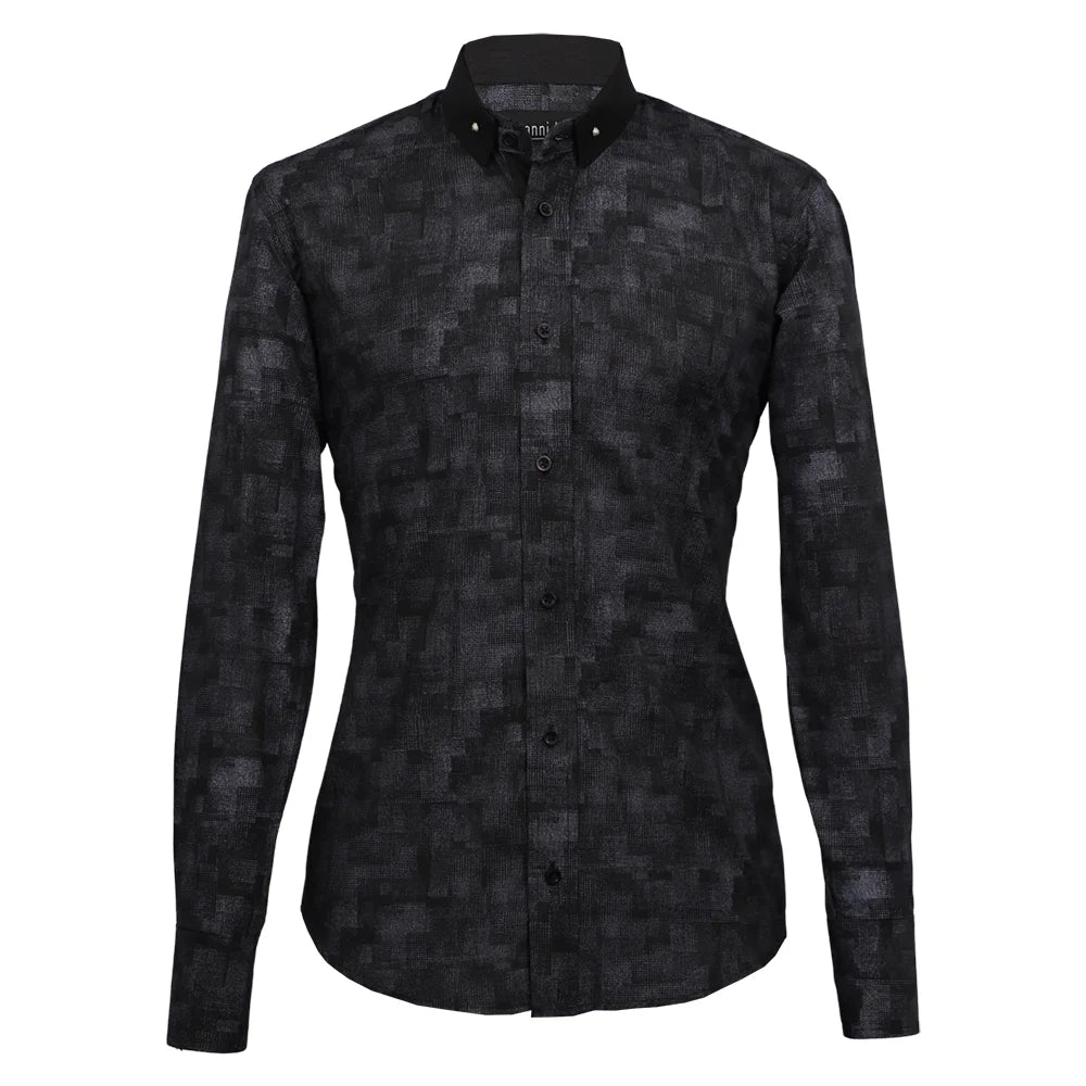 Camisa gris print cuello negro con botones plateados