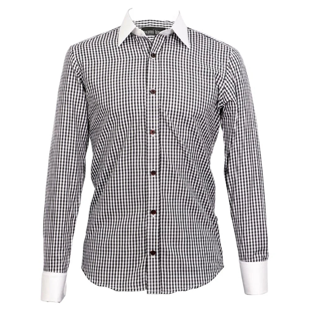 Camisa blnaca cuadros negros cuello y puños blancos mancorna 1