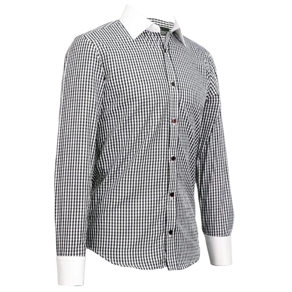 Camisa blnaca cuadros negros cuello y puños blancos mancorna 3