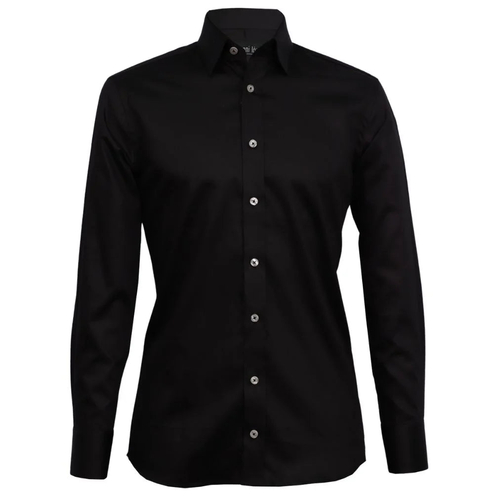 Camisa negra botones blancos con negro, boton atras cuello 1