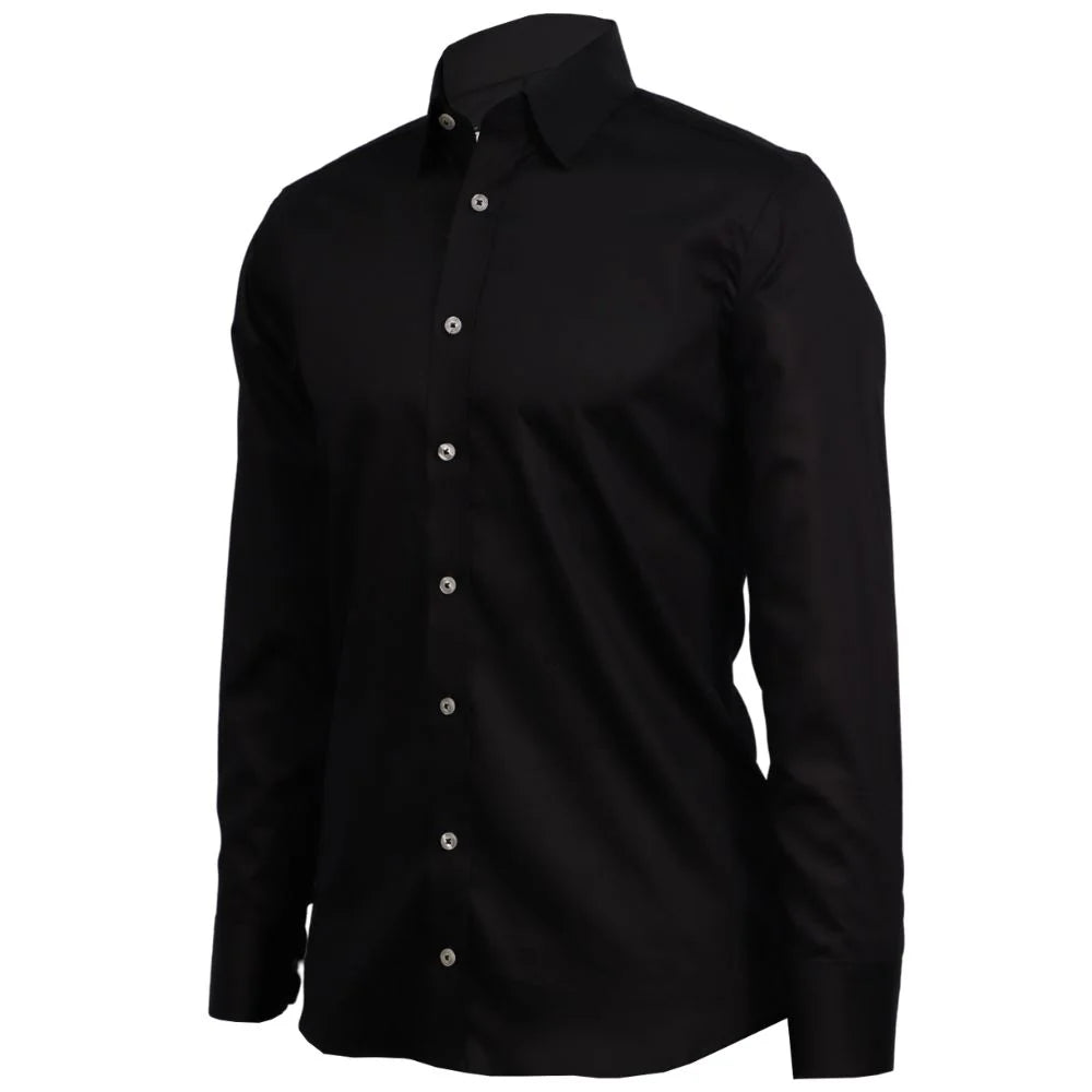 Camisa negra botones blancos con negro, boton atras cuello 3