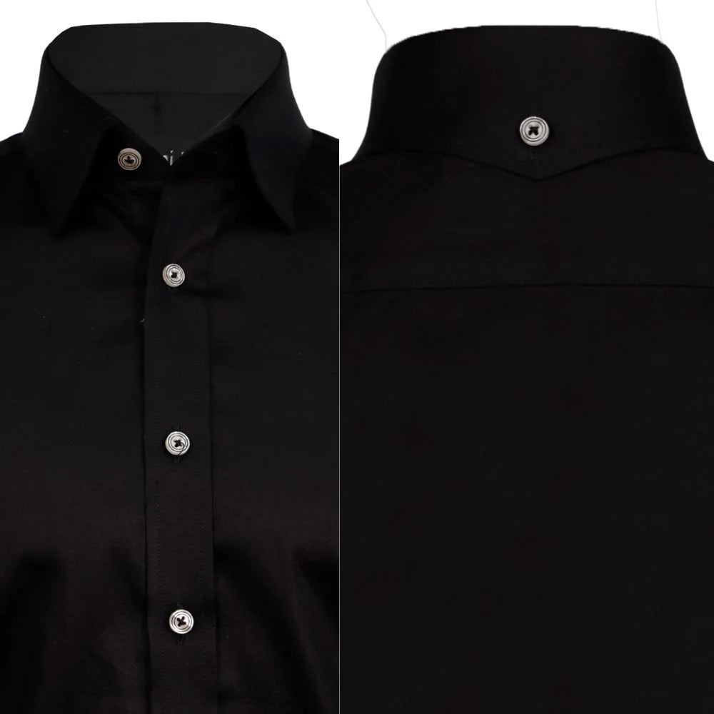 Camisa negra botones blancos con negro, boton atras cuello 4