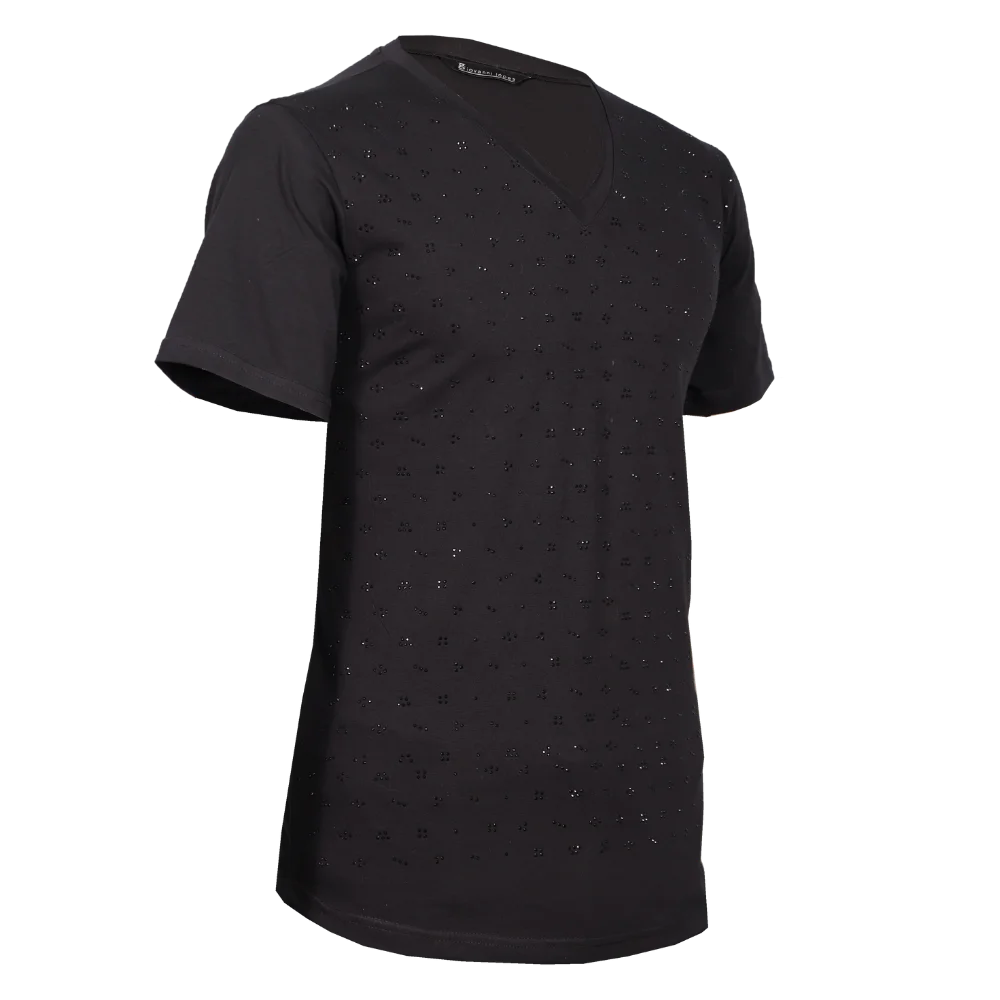 Camiseta Slim Fit Cuello en V con Pedrería Delicada – Negro 1