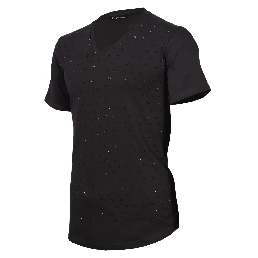 Camiseta Slim Fit Cuello en V con Pedrería Delicada – Negro 2