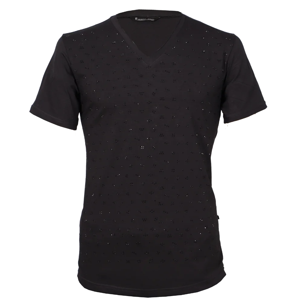 Camiseta Slim Fit Cuello en V con Pedrería Delicada – Negro