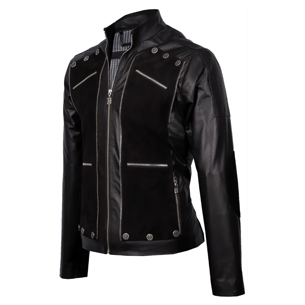 Chaqueta urbana de cuero negro con gamuza y apliques 1