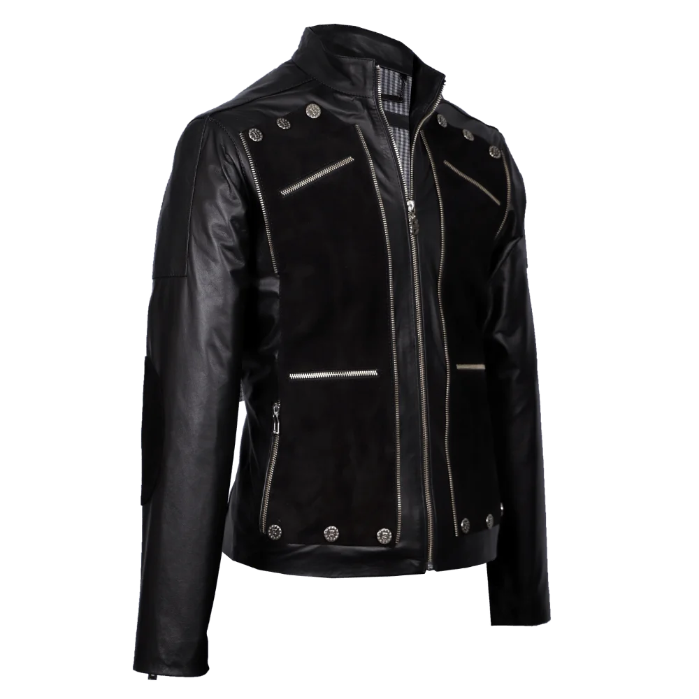 Chaqueta urbana de cuero negro con gamuza y apliques 2