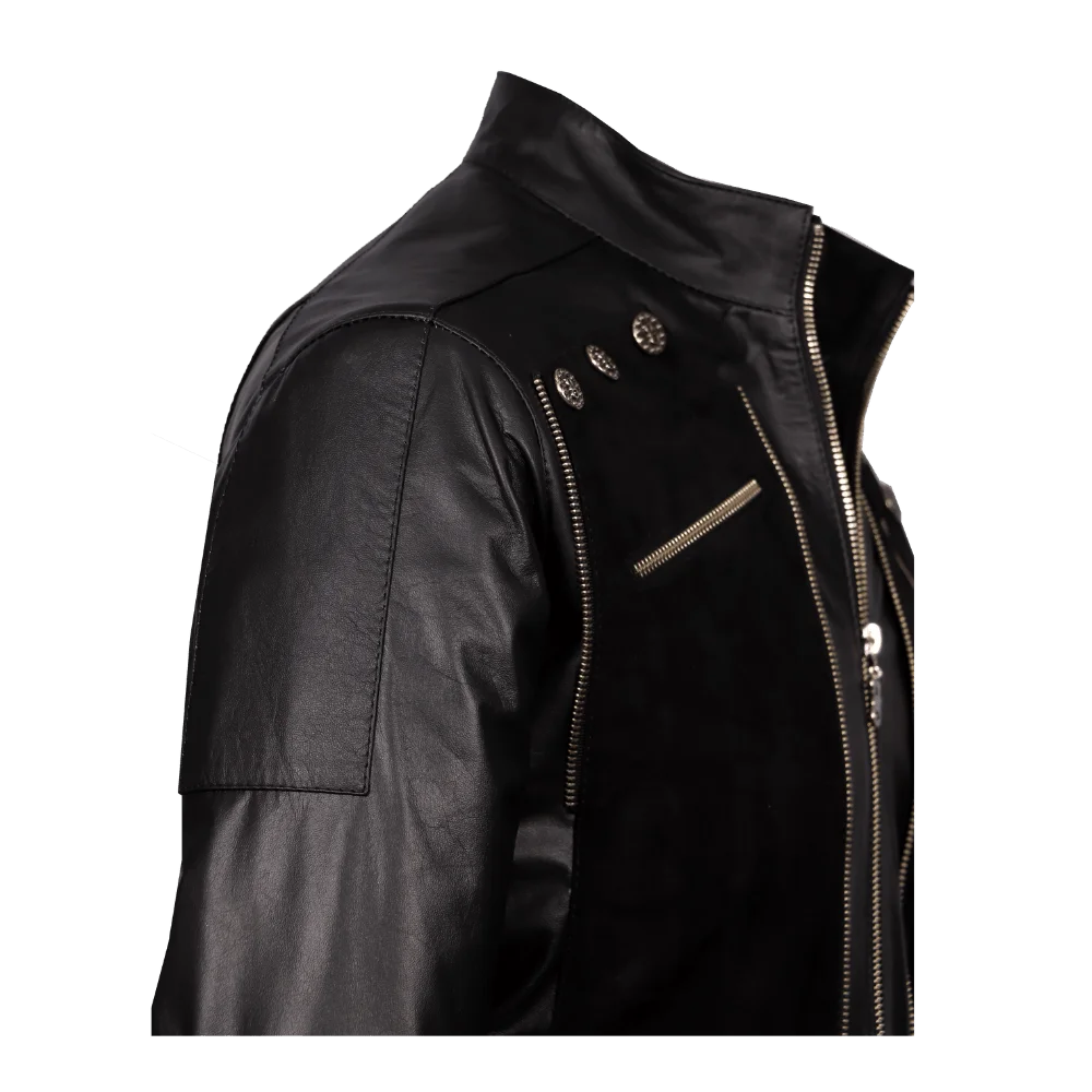 Chaqueta urbana de cuero negro con gamuza y apliques 3