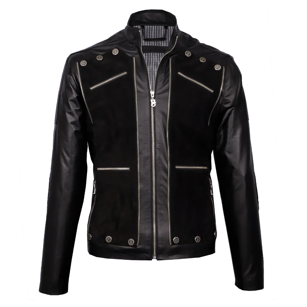 Chaqueta urbana de cuero negro con gamuza y apliques