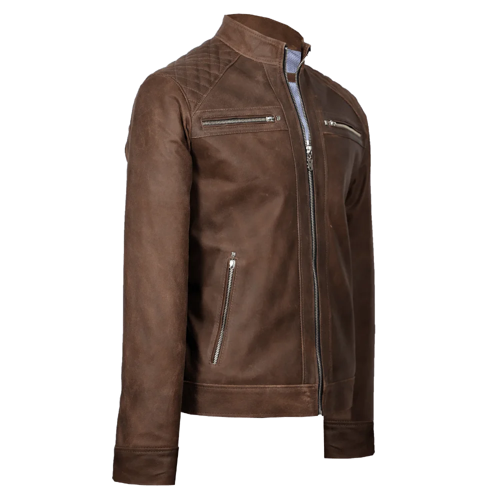 Chaqueta motera texturizada café corte slim fit 1