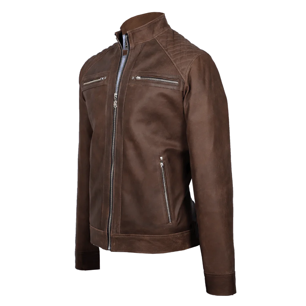 Chaqueta motera texturizada café corte slim fit 2