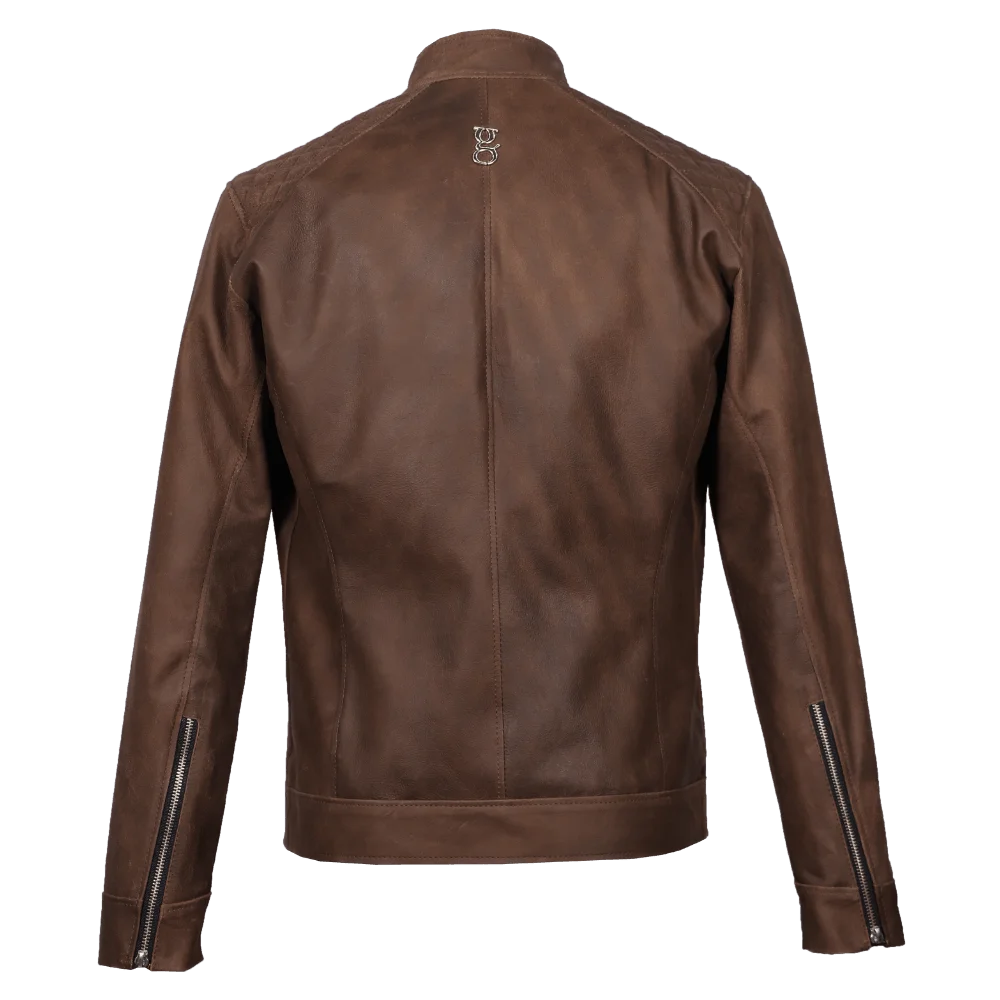 Chaqueta motera texturizada café corte slim fit 3