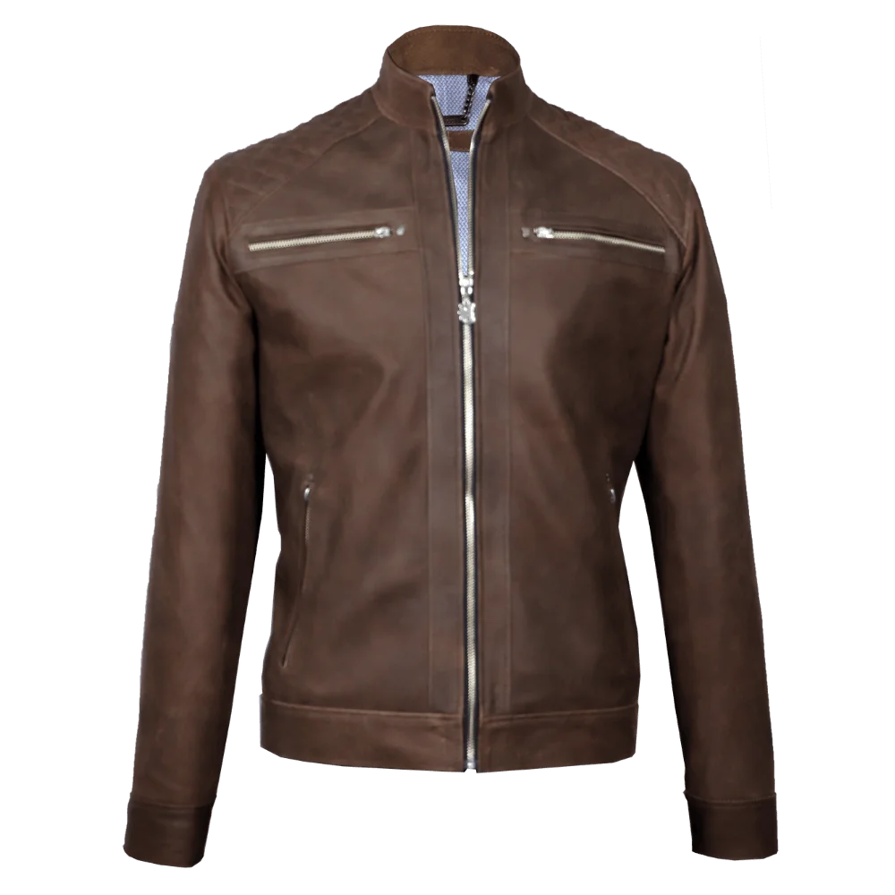 Chaqueta motera texturizada café corte slim fit