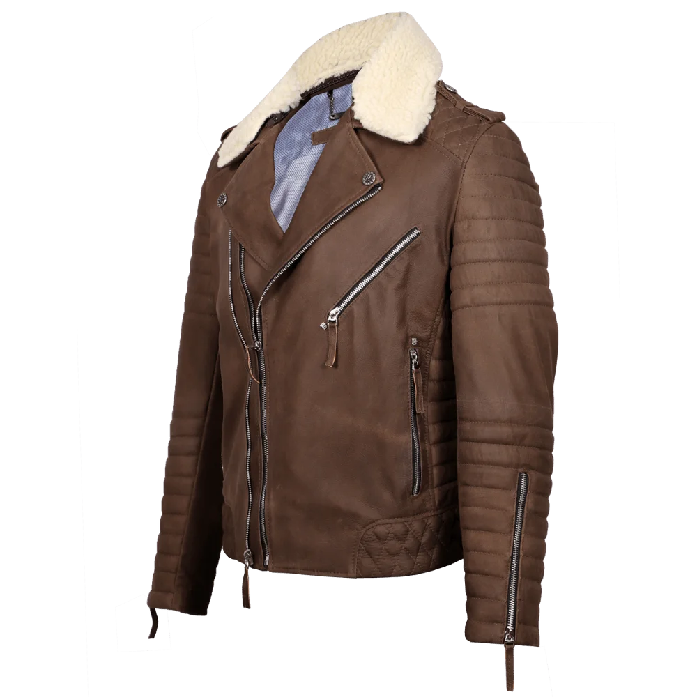 Chaqueta aviador cuero café con cuello ovejero 1