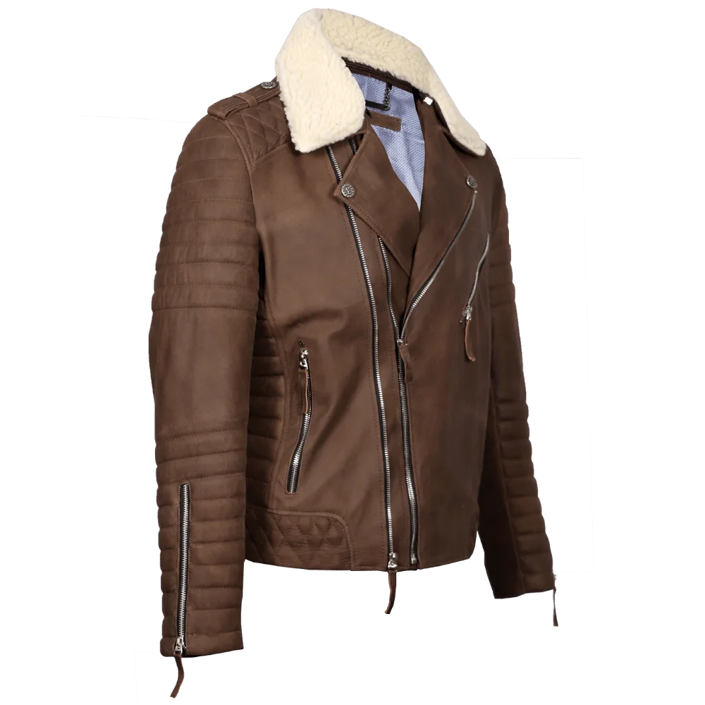 Chaqueta aviador cuero café con cuello ovejero 2