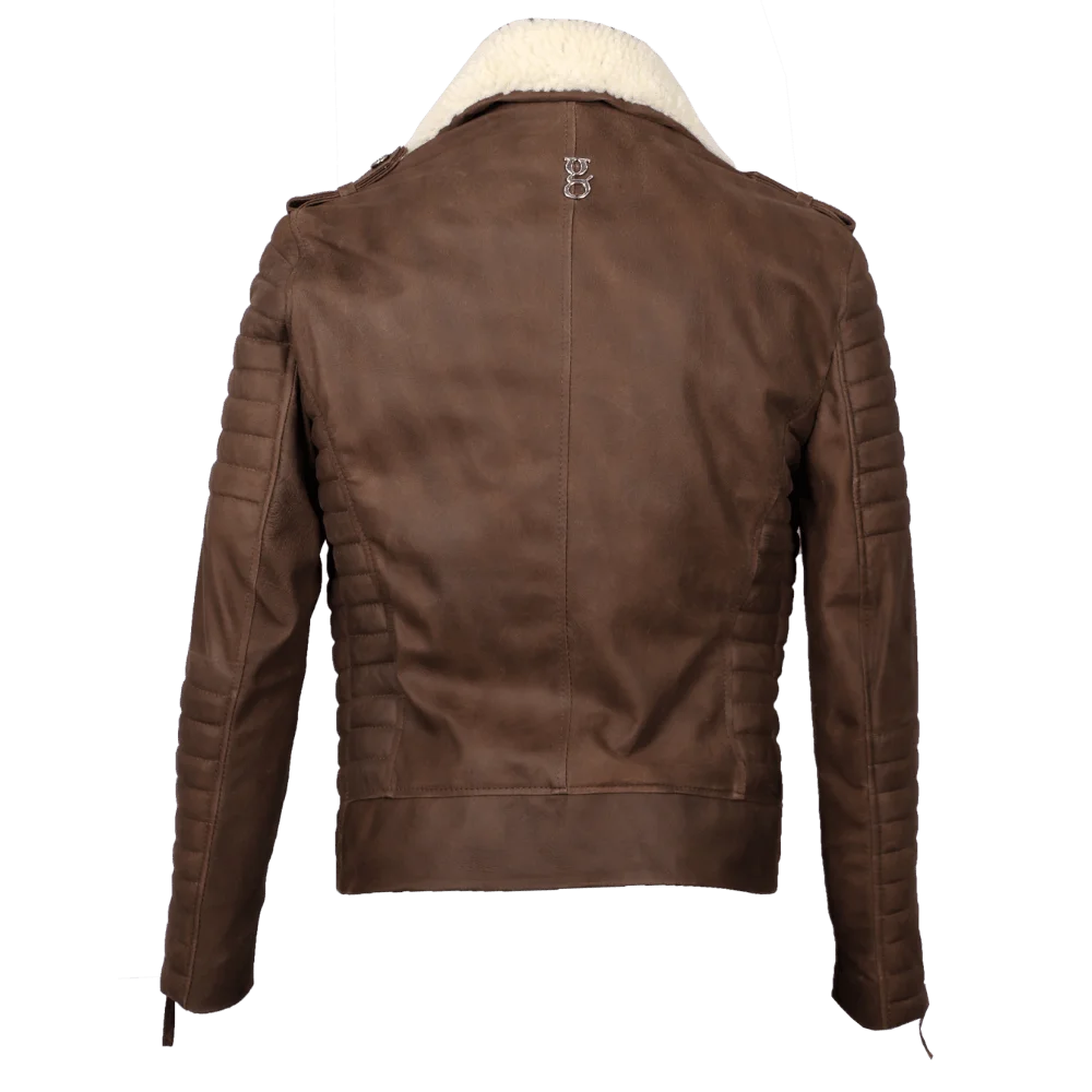 Chaqueta aviador cuero café con cuello ovejero 3