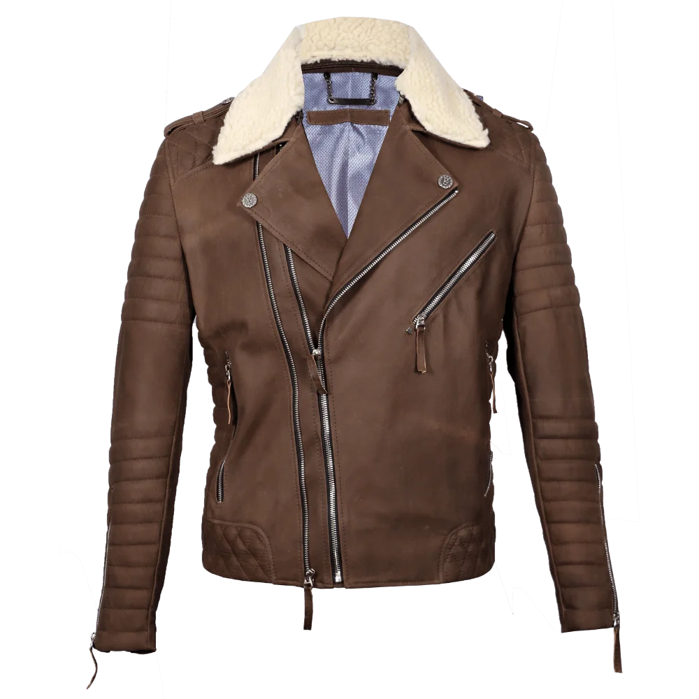 Chaqueta aviador cuero café con cuello ovejero