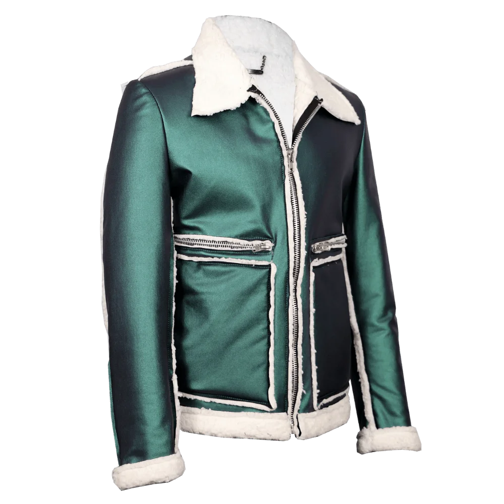 Chaqueta aviador verde metalizado y ovejero 1
