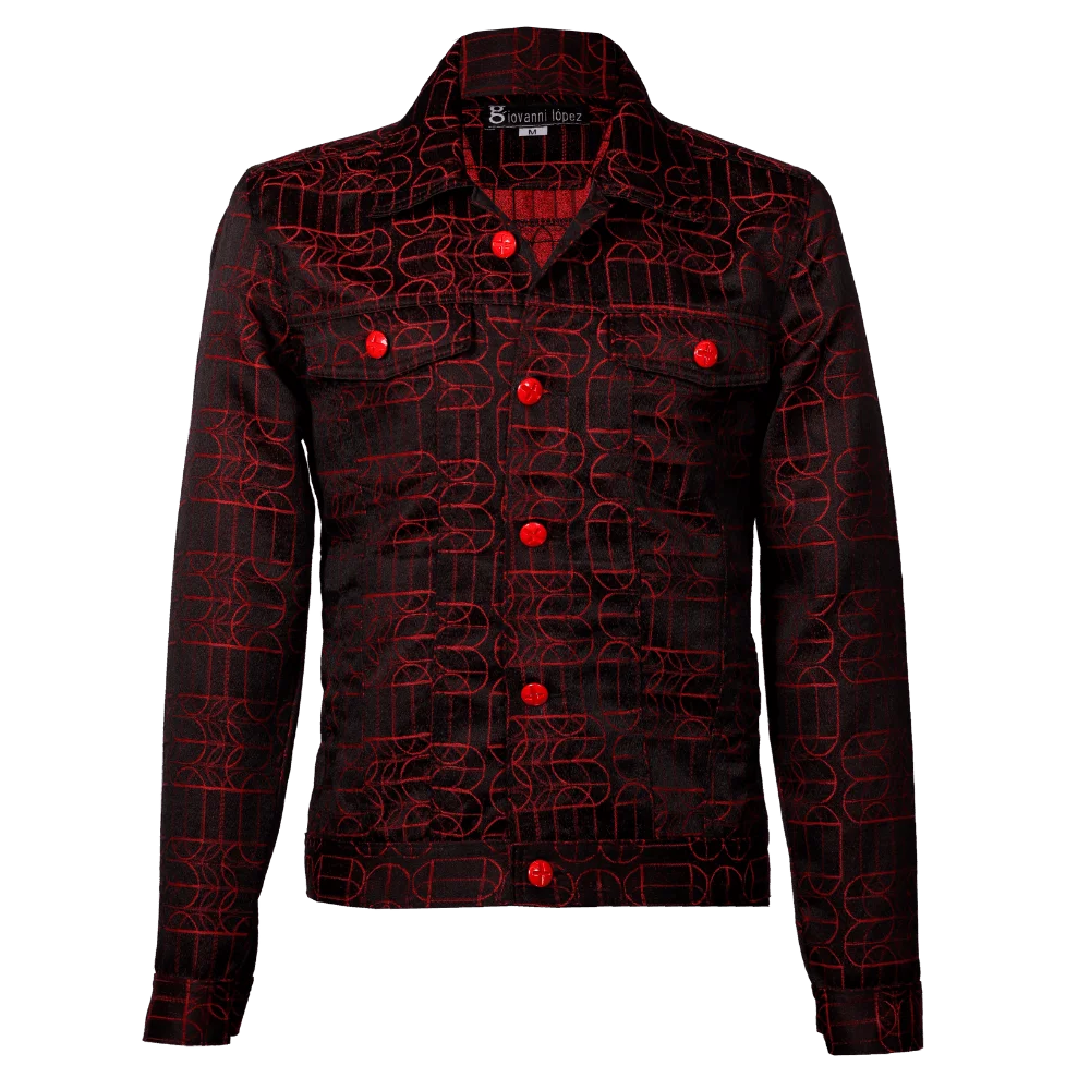 Chaqueta jackard negro con bordado rojo