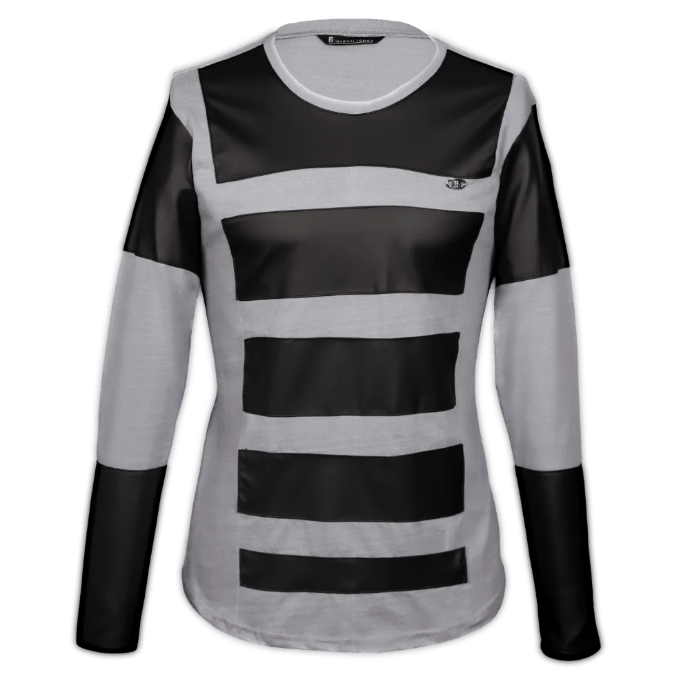 Buso gris con apliques de cuero sintético