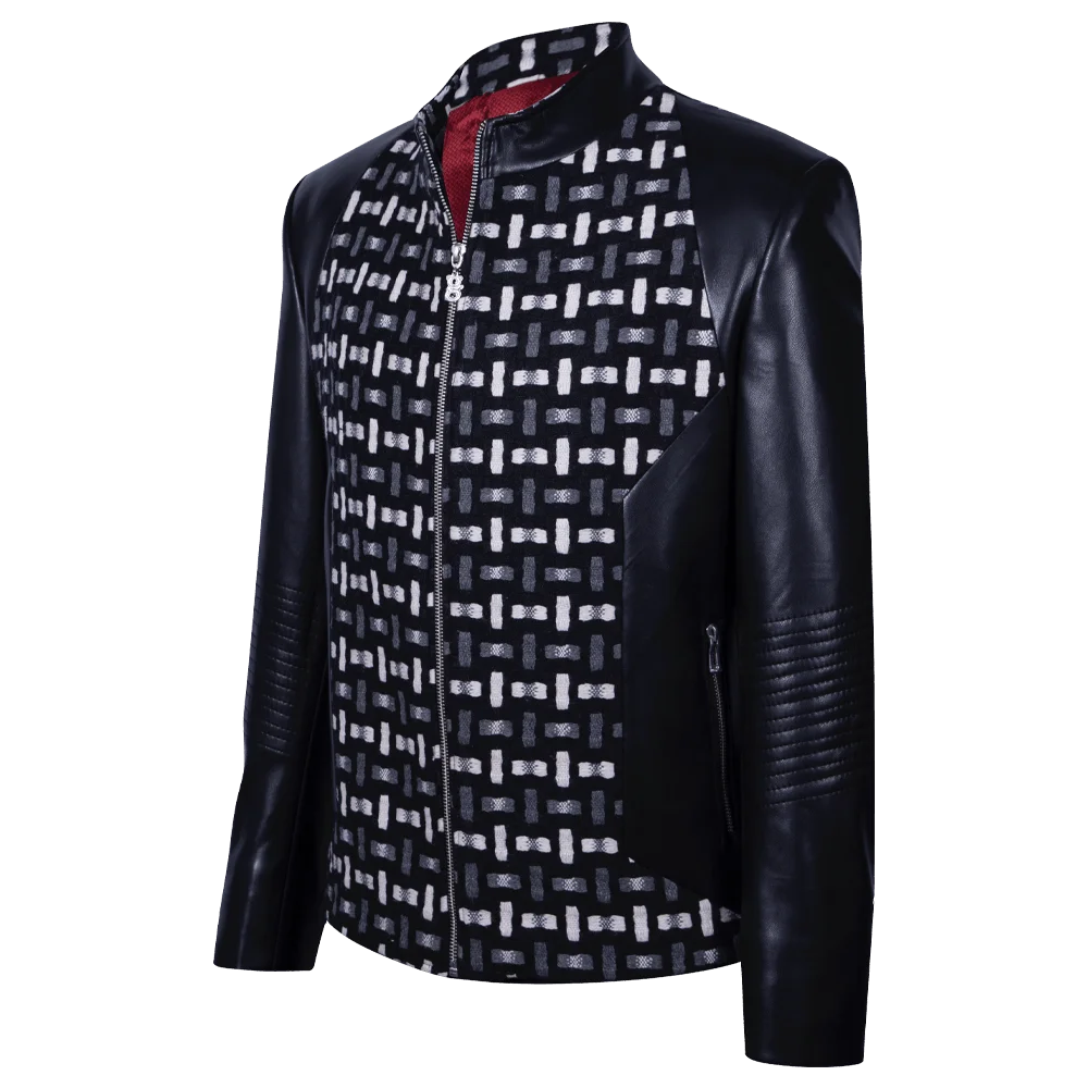 Chaqueta en cuero negro y jacquard geométrico 1