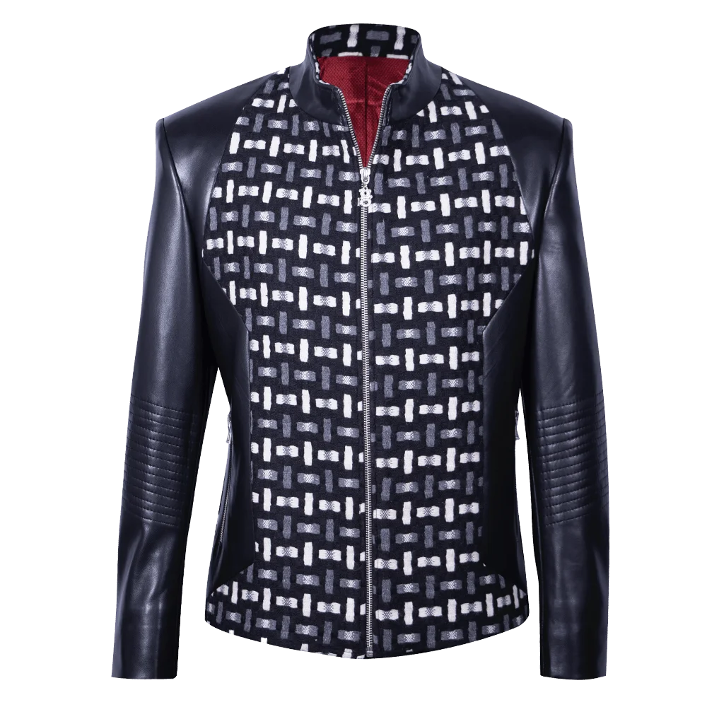 Chaqueta en cuero negro y jacquard geométrico