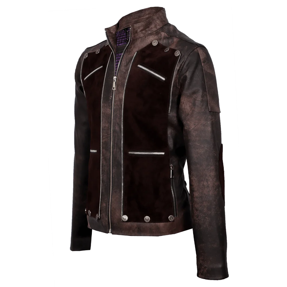 Chaqueta en cuero envejecido café con gamuza y apliques 1