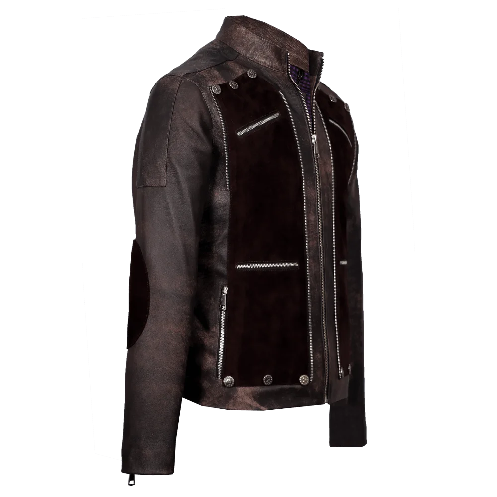 Chaqueta en cuero envejecido café con gamuza y apliques 2