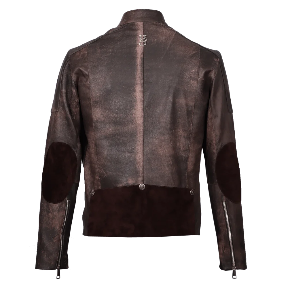 Chaqueta en cuero envejecido café con gamuza y apliques 3