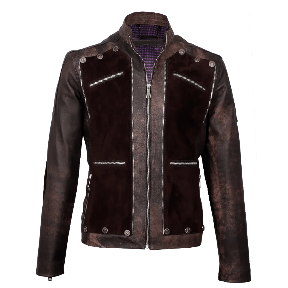 Chaqueta en cuero envejecido café con gamuza y apliques