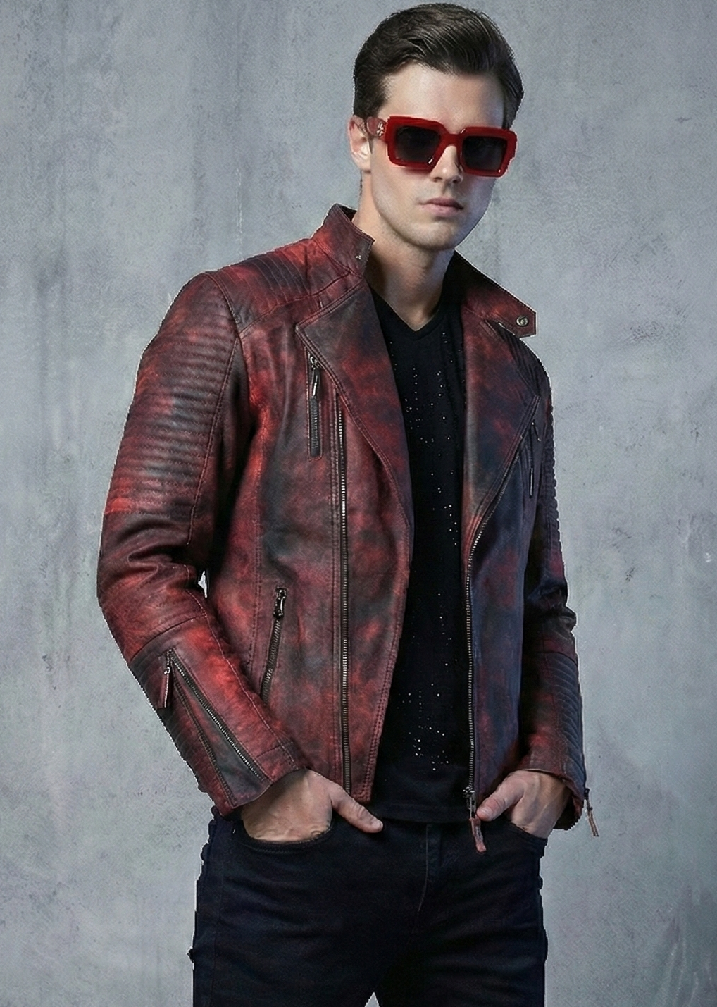 Chaqueta en cuero envejecido café con gamuza y apliques